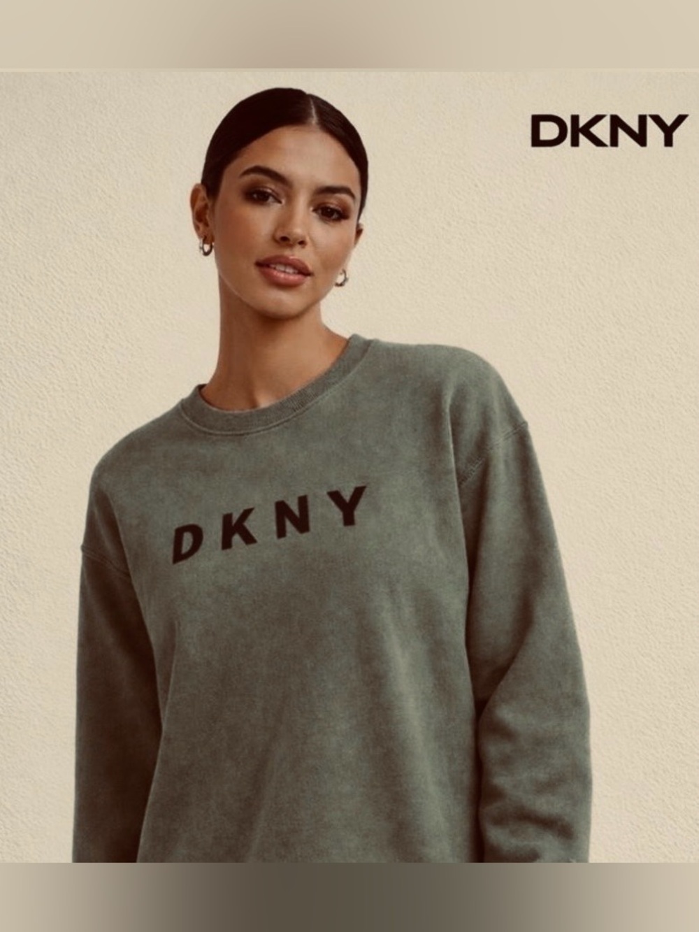 DKNY SIZE L~OLIVE GREEN SO SOFT SWEATSHIRT VELVET BLACK LETTERING SPORT CREWNECK